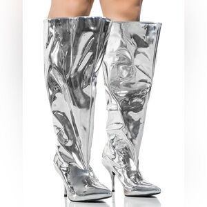 AZALEA WANG Silver Metallic Vegan Leather Knee High Boot